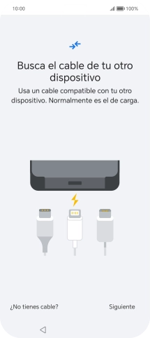 Si tienes un cable que pueda conectar ambos teléfonos, inserta el cable y sigue las instrucciones de la pantalla para transferir contenido a tu teléfono. Si no tienes un cable, pulsa ¿No tienes cable?. Si tienes un cable que pueda conectar ambos teléfonos, inserta el cable y sigue las instrucciones de la pantalla para transferir contenido a tu teléfono. Si no tienes un cable, pulsa ¿No tienes cable?.