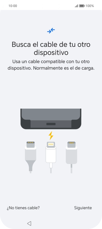 Si tienes un cable que pueda conectar ambos teléfonos, inserta el cable y sigue las instrucciones de la pantalla para transferir contenido a tu teléfono. Si no tienes un cable, pulsa ¿No tienes cable?. Si tienes un cable que pueda conectar ambos teléfonos, inserta el cable y sigue las instrucciones de la pantalla para transferir contenido a tu teléfono. Si no tienes un cable, pulsa ¿No tienes cable?.