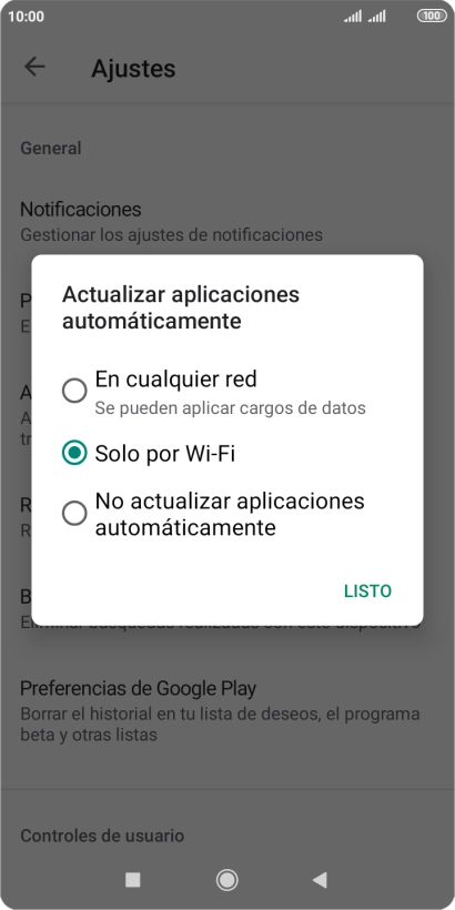 Para activar la actualización automática de apps utilizando la red móvil, pulsa En cualquier red. Para activar la actualización automática de apps utilizando la red móvil, pulsa En cualquier red.