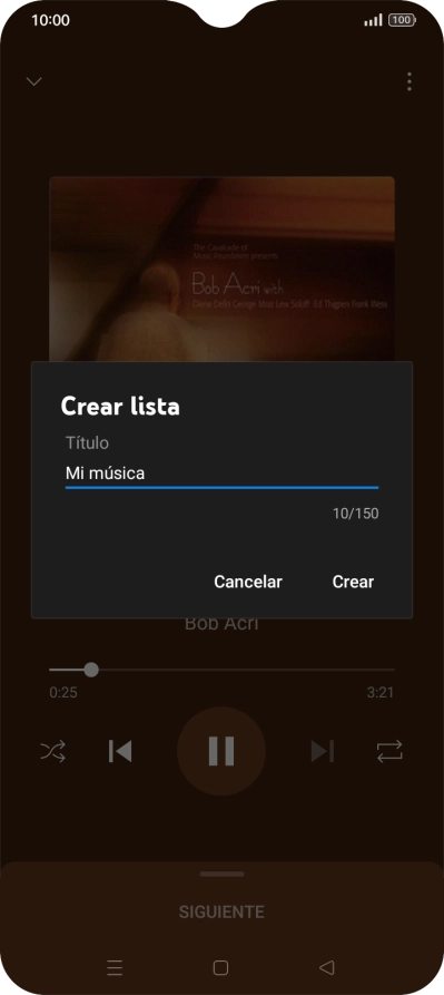 Introduce el nombre deseado de la lista de reproducción y pulsa Crear. Introduce el nombre deseado de la lista de reproducción y pulsa Crear.