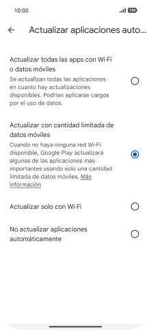 Para activar la actualización automática de apps a través de la red móvil, pulsa el campo junto a Para activar la actualización automática de apps a través de la red móvil, pulsa el campo junto a