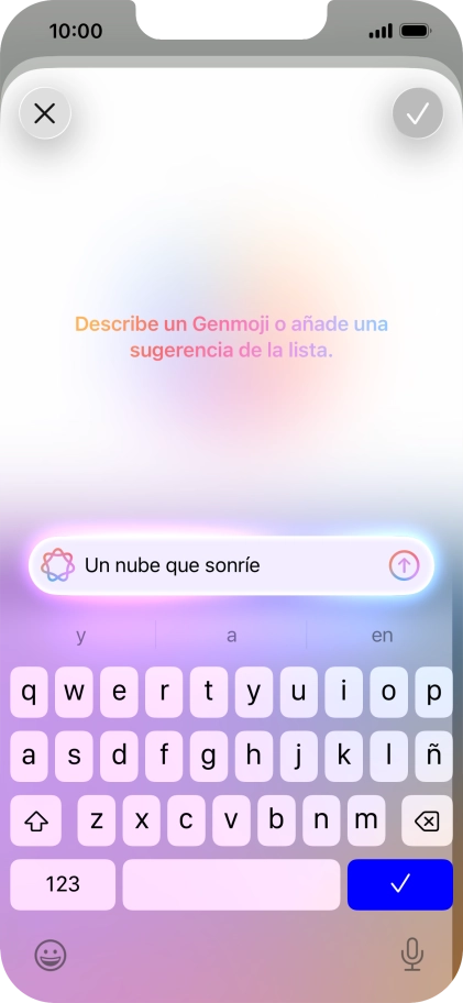 Escribe con tus propias palabras cómo tiene que ser el Genmoji y pulsa la flecha hacia arriba. Escribe con tus propias palabras cómo tiene que ser el Genmoji y pulsa la flecha hacia arriba.