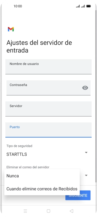 Pulsa Nunca para conservar los correos electrónicos en el servidor cuando los borras del teléfono. Pulsa Nunca para conservar los correos electrónicos en el servidor cuando los borras del teléfono.