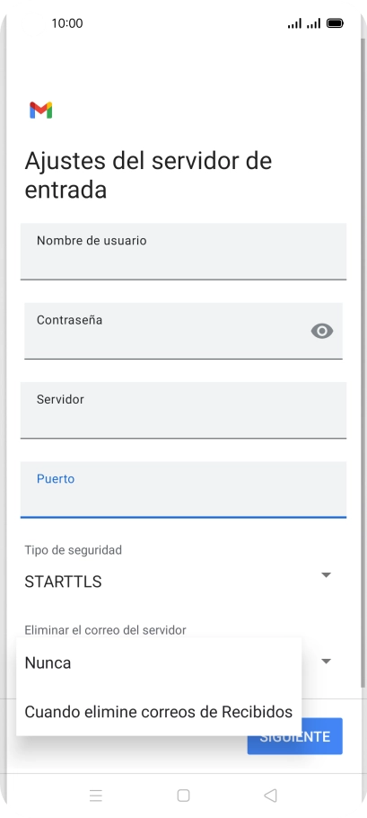 Pulsa Nunca para conservar los correos electrónicos en el servidor cuando los borras del teléfono. Pulsa Nunca para conservar los correos electrónicos en el servidor cuando los borras del teléfono.