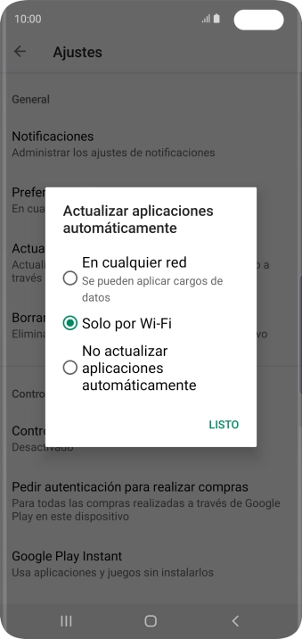 Para activar la actualización automática de apps utilizando la red móvil, pulsa En cualquier red. Se pueden aplicar cargos de datos. Para activar la actualización automática de apps utilizando la red móvil, pulsa En cualquier red. Se pueden aplicar cargos de datos.