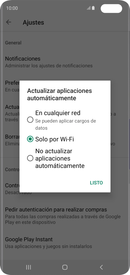 Para activar la actualización automática de apps utilizando la red móvil, pulsa En cualquier red. Se pueden aplicar cargos de datos. Para activar la actualización automática de apps utilizando la red móvil, pulsa En cualquier red. Se pueden aplicar cargos de datos.