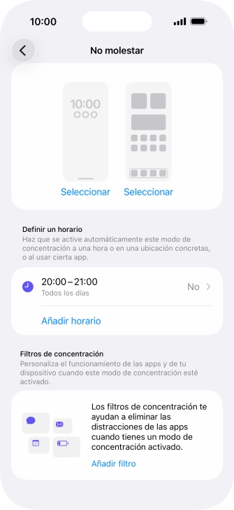 Pulsa Añadir horario y sigue las indicaciones de la pantalla para seleccionar los ajustes de la activación automática de No molestar. Pulsa Añadir horario y sigue las indicaciones de la pantalla para seleccionar los ajustes de la activación automática de No molestar.