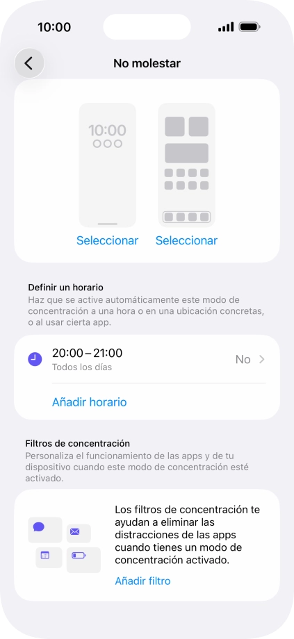 Pulsa Añadir horario y sigue las indicaciones de la pantalla para seleccionar los ajustes de la activación automática de No molestar. Pulsa Añadir horario y sigue las indicaciones de la pantalla para seleccionar los ajustes de la activación automática de No molestar.