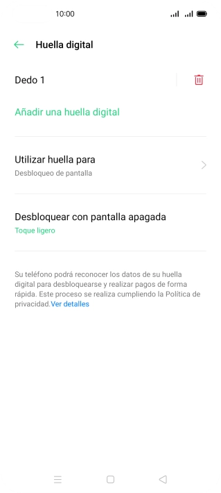 Pulsa el icono de eliminar junto a la huella digital que deseas borrar. Pulsa el icono de eliminar junto a la huella digital que deseas borrar.