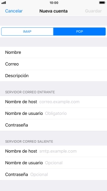 Pulsa Nombre de host e introduce el nombre del servidor de correo de entrada de tu proveedor de correo electrónico. Pulsa Nombre de host e introduce el nombre del servidor de correo de entrada de tu proveedor de correo electrónico.