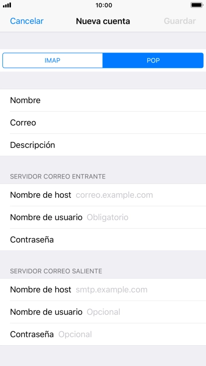 Pulsa Nombre de host e introduce el nombre del servidor de correo de entrada de tu proveedor de correo electrónico. Pulsa Nombre de host e introduce el nombre del servidor de correo de entrada de tu proveedor de correo electrónico.