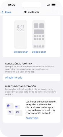 Pulsa Añadir horario y sigue las indicaciones de la pantalla para seleccionar los ajustes de la activación automática de No molestar. Pulsa Añadir horario y sigue las indicaciones de la pantalla para seleccionar los ajustes de la activación automática de No molestar.