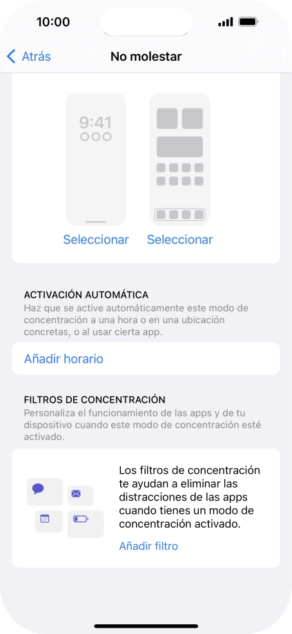 Pulsa Añadir horario y sigue las indicaciones de la pantalla para seleccionar los ajustes de la activación automática de No molestar. Pulsa Añadir horario y sigue las indicaciones de la pantalla para seleccionar los ajustes de la activación automática de No molestar.