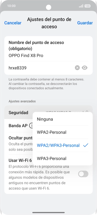 Pulsa WPA3-Personal para proteger la conexión wifi con una contraseña. Pulsa WPA3-Personal para proteger la conexión wifi con una contraseña.