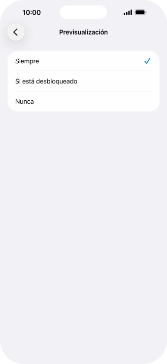 Para seleccionar la vista previa de las notificaciones en la pantalla de bloqueo, pulsa Siempre. Para seleccionar la vista previa de las notificaciones en la pantalla de bloqueo, pulsa Siempre.