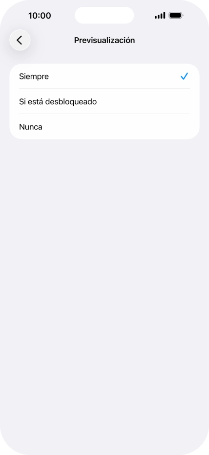 Para seleccionar la vista previa de las notificaciones en la pantalla de bloqueo, pulsa Siempre. Para seleccionar la vista previa de las notificaciones en la pantalla de bloqueo, pulsa Siempre.