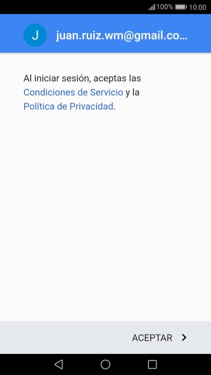 Pulsa ACEPTAR y sigue las indicaciones de la pantalla para seleccionar los ajustes de tu cuenta de Google. Pulsa ACEPTAR y sigue las indicaciones de la pantalla para seleccionar los ajustes de tu cuenta de Google.