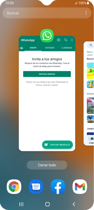 Para cerrar una sola aplicación en ejecución, desliza el dedo hacia arriba sobre la aplicación deseada. Para cerrar una sola aplicación en ejecución, desliza el dedo hacia arriba sobre la aplicación deseada.
