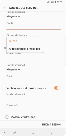 Pulsa Nunca para conservar los correos electrónicos en el servidor cuando los borras del teléfono. Pulsa Nunca para conservar los correos electrónicos en el servidor cuando los borras del teléfono.