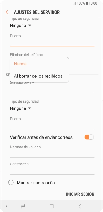 Pulsa Nunca para conservar los correos electrónicos en el servidor cuando los borras del teléfono. Pulsa Nunca para conservar los correos electrónicos en el servidor cuando los borras del teléfono.