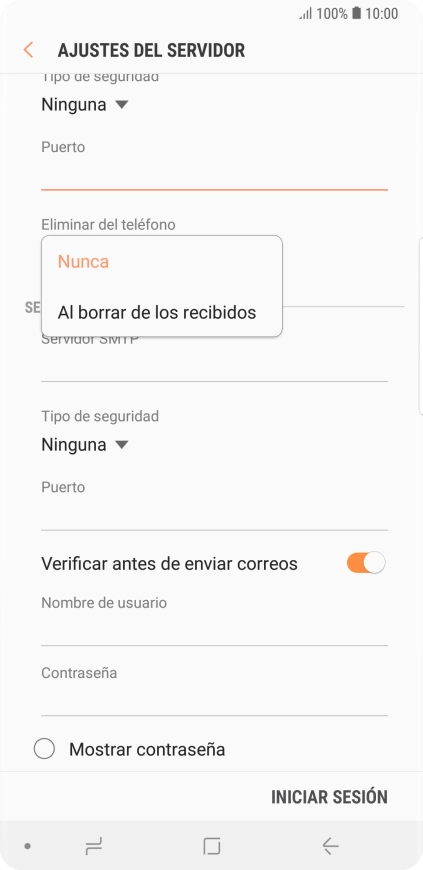 Pulsa Nunca para conservar los correos electrónicos en el servidor cuando los borras del teléfono. Pulsa Nunca para conservar los correos electrónicos en el servidor cuando los borras del teléfono.