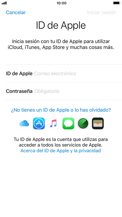 Si no tienes un ID de Apple, pulsa ¿No tienes un ID de Apple o lo has olvidado? y sigue las indicaciones de la pantalla para ver cómo crear un ID de Apple. Si no tienes un ID de Apple, pulsa ¿No tienes un ID de Apple o lo has olvidado? y sigue las indicaciones de la pantalla para ver cómo crear un ID de Apple.