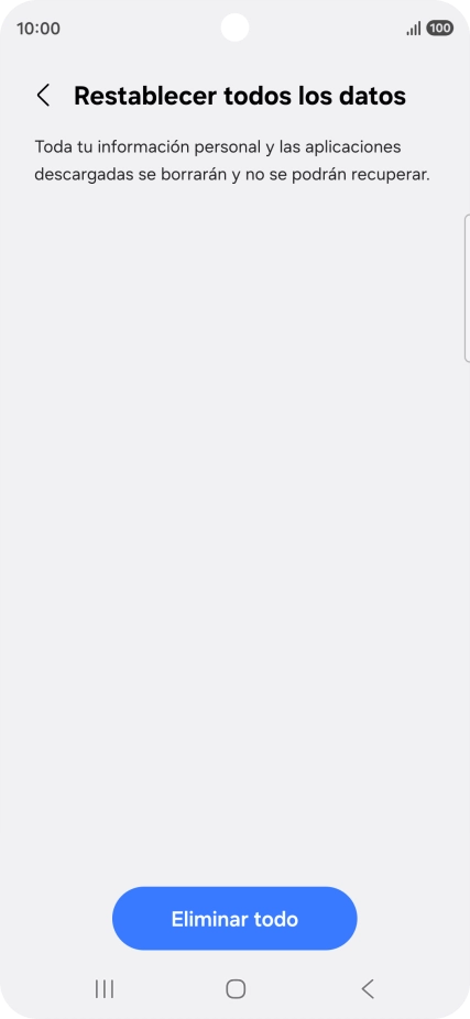 Pulsa Eliminar todo. Espera unos instantes mientras el teléfono restablece la configuración predeterminada. Sigue las indicaciones de la pantalla para configurar el teléfono y dejarlo listo para su uso.
