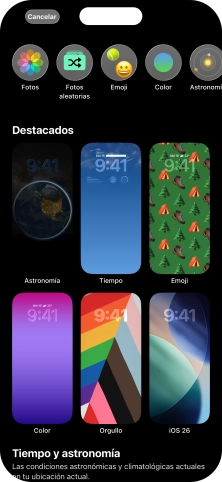 Pulsa una categoría y sigue las indicaciones de la pantalla para seleccionar la imagen de fondo deseada. Pulsa una categoría y sigue las indicaciones de la pantalla para seleccionar la imagen de fondo deseada.