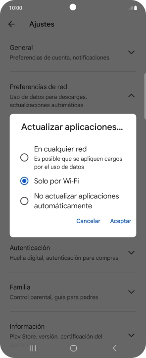 Para activar la actualización automática de apps utilizando la red móvil, pulsa En cualquier red. Para activar la actualización automática de apps utilizando la red móvil, pulsa En cualquier red.