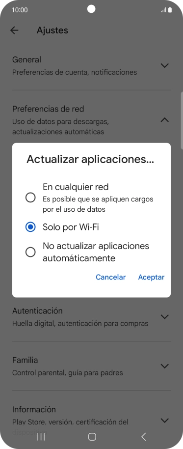 Para activar la actualización automática de apps utilizando la red móvil, pulsa En cualquier red. Para activar la actualización automática de apps utilizando la red móvil, pulsa En cualquier red.