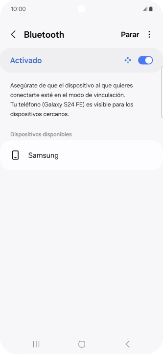 Pulsa el dispositivo Bluetooth deseado y sigue las indicaciones de la pantalla para vincular el dispositivo al teléfono. Pulsa el dispositivo Bluetooth deseado y sigue las indicaciones de la pantalla para vincular el dispositivo al teléfono.