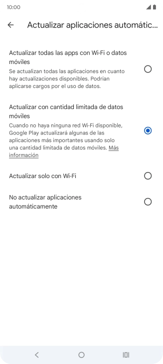 Para activar la actualización automática de apps utilizando la red móvil, pulsa Actualizar todas las apps con Wi-Fi o datos móviles. Para activar la actualización automática de apps utilizando la red móvil, pulsa Actualizar todas las apps con Wi-Fi o datos móviles.