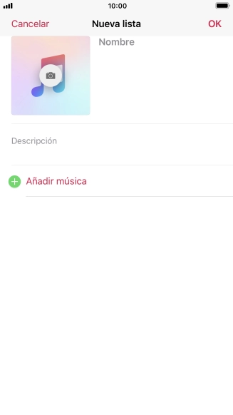 Pulsa en el campo de escritura e introduce el nombre de la lista de reproducción. Pulsa en el campo de escritura e introduce el nombre de la lista de reproducción.