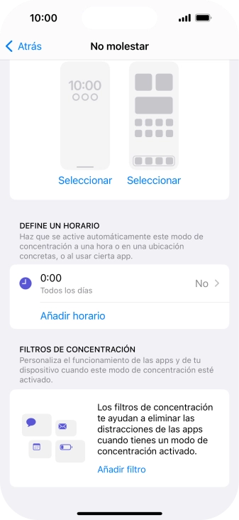 Pulsa Añadir horario y sigue las indicaciones de la pantalla para seleccionar los ajustes de la activación automática de No molestar. Pulsa Añadir horario y sigue las indicaciones de la pantalla para seleccionar los ajustes de la activación automática de No molestar.