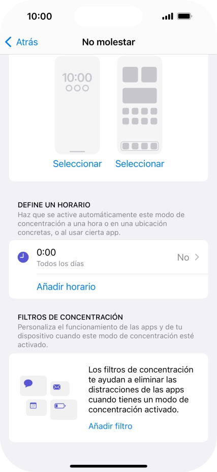 Pulsa Añadir horario y sigue las indicaciones de la pantalla para seleccionar los ajustes de la activación automática de No molestar. Pulsa Añadir horario y sigue las indicaciones de la pantalla para seleccionar los ajustes de la activación automática de No molestar.