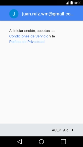 Pulsa ACEPTAR y sigue las indicaciones de la pantalla para seleccionar los ajustes de tu cuenta de Google. Pulsa ACEPTAR y sigue las indicaciones de la pantalla para seleccionar los ajustes de tu cuenta de Google.