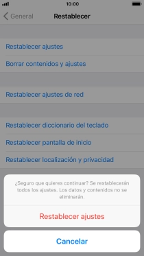 Pulsa Restablecer ajustes. Espera unos instantes mientras el teléfono restablece la configuración predeterminada. Sigue las indicaciones de la pantalla para configurar el teléfono y dejarlo listo para su uso.