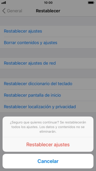 Pulsa Restablecer ajustes. Espera unos instantes mientras el teléfono restablece la configuración predeterminada. Sigue las indicaciones de la pantalla para configurar el teléfono y dejarlo listo para su uso.