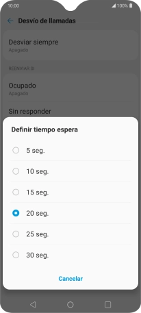 Si desvías las llamadas perdidas, tendrás que seleccionar un retardo para el desvío. Pulsa el retardo deseado y sigue las indicaciones de la pantalla para seleccionar el retardo deseado del desvío. Si desvías las llamadas perdidas, tendrás que seleccionar un retardo para el desvío. Pulsa el retardo deseado y sigue las indicaciones de la pantalla para seleccionar el retardo deseado del desvío.