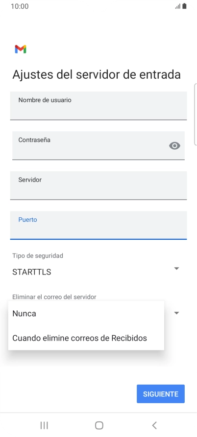 Pulsa Nunca para conservar los correos electrónicos en el servidor cuando los borras del teléfono. Pulsa Nunca para conservar los correos electrónicos en el servidor cuando los borras del teléfono.
