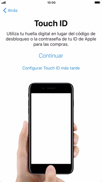 Sigue las indicaciones de la pantalla para activar el uso del sensor de identidad o pulsa Configurar Touch ID más tarde. Sigue las indicaciones de la pantalla para activar el uso del sensor de identidad o pulsa Configurar Touch ID más tarde.