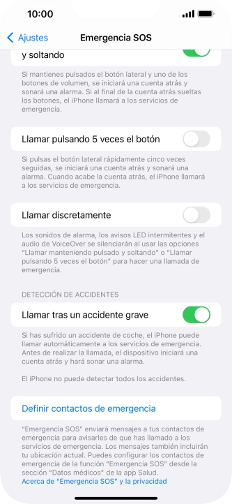 Pulsa Definir contactos de emergencia y sigue las indicaciones de la pantalla para insertar la información y tus contactos de emergencia. Pulsa Definir contactos de emergencia y sigue las indicaciones de la pantalla para insertar la información y tus contactos de emergencia.
