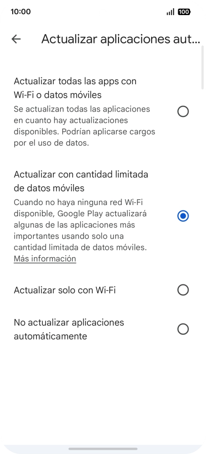 Para activar la actualización automática de apps utilizando la red móvil, pulsa Actualizar todas las apps con Wi-Fi o datos móviles. Para activar la actualización automática de apps utilizando la red móvil, pulsa Actualizar todas las apps con Wi-Fi o datos móviles.