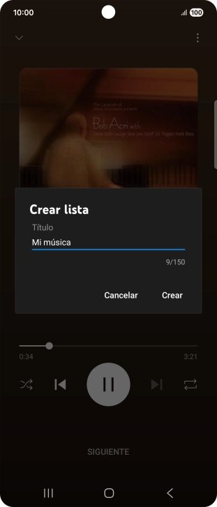 Introduce el nombre deseado de la lista de reproducción y pulsa Crear. Introduce el nombre deseado de la lista de reproducción y pulsa Crear.