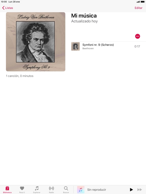 Desplázate a la categoría o a la lista de reproducción deseada y pulsa el archivo de música deseado. Desplázate a la categoría o a la lista de reproducción deseada y pulsa el archivo de música deseado.