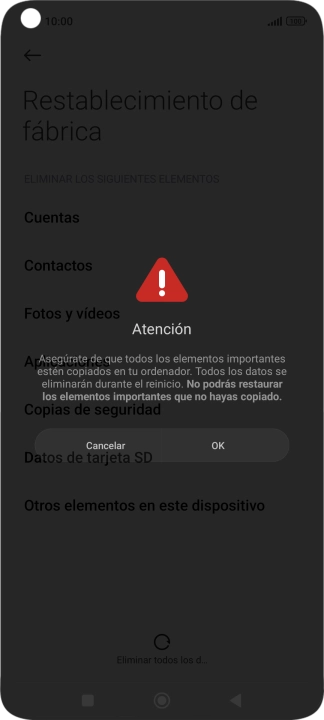 Pulsa OK. Espera unos instantes mientras el teléfono restablece la configuración predeterminada. Sigue las indicaciones de la pantalla para configurar el teléfono y dejarlo listo para su uso. Pulsa OK. Espera unos instantes mientras el teléfono restablece la configuración predeterminada. Sigue las indicaciones de la pantalla para configurar el teléfono y dejarlo listo para su uso.