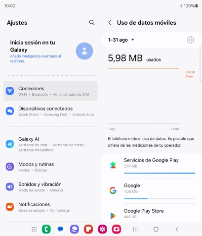 El consumo de datos por cada aplicación aparece bajo el nombre de la aplicación. El consumo de datos por cada aplicación aparece bajo el nombre de la aplicación.