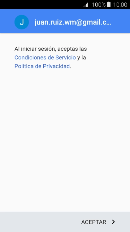 Pulsa ACEPTAR y sigue las indicaciones de la pantalla para seleccionar los ajustes de tu cuenta de Google. Pulsa ACEPTAR y sigue las indicaciones de la pantalla para seleccionar los ajustes de tu cuenta de Google.