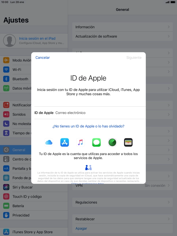 Si no tienes un ID de Apple, pulsa ¿No tienes un ID de Apple o lo has olvidado? y sigue las indicaciones de la pantalla para ver cómo crear un ID de Apple. Si no tienes un ID de Apple, pulsa ¿No tienes un ID de Apple o lo has olvidado? y sigue las indicaciones de la pantalla para ver cómo crear un ID de Apple.