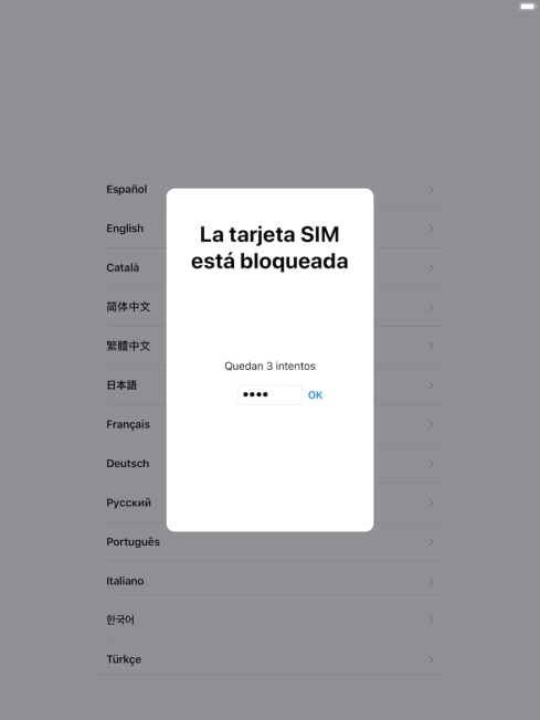 Si es necesario desbloquear la tarjeta SIM, introduce el código PIN y pulsa OK. Si es necesario desbloquear la tarjeta SIM, introduce el código PIN y pulsa OK.